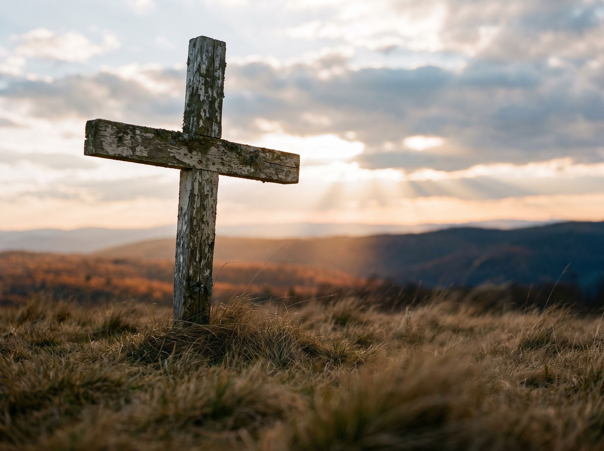 Weathered wooden cross on a hilltop at sunrise