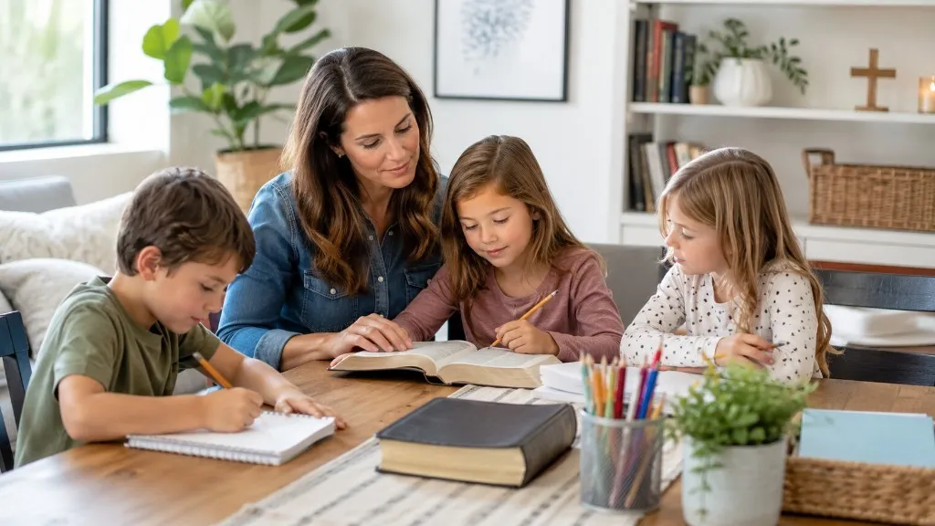Mother and children studying together at home